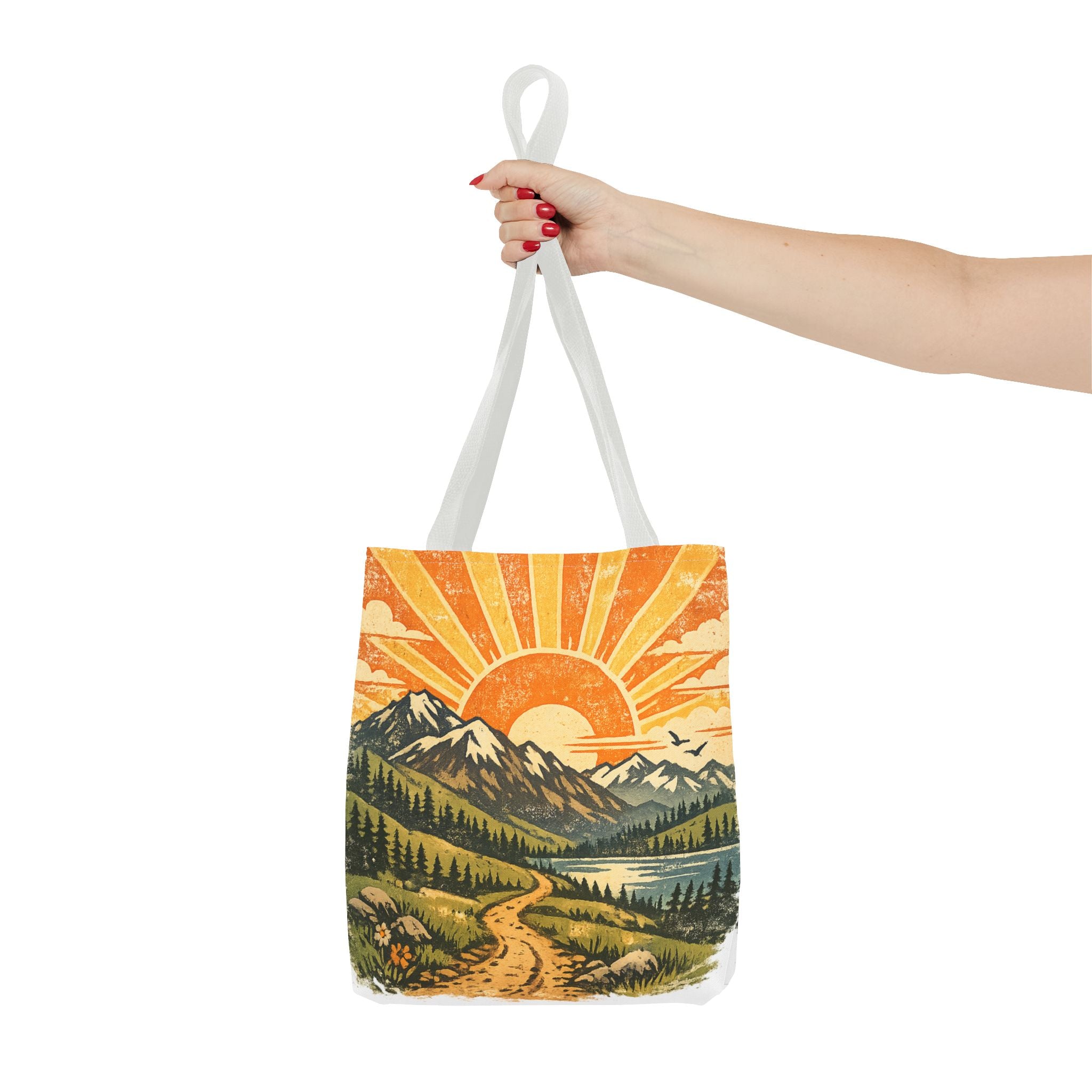 Retro Sunrise Mountain Tote Bag — Scenic Landscape Canvas Tote