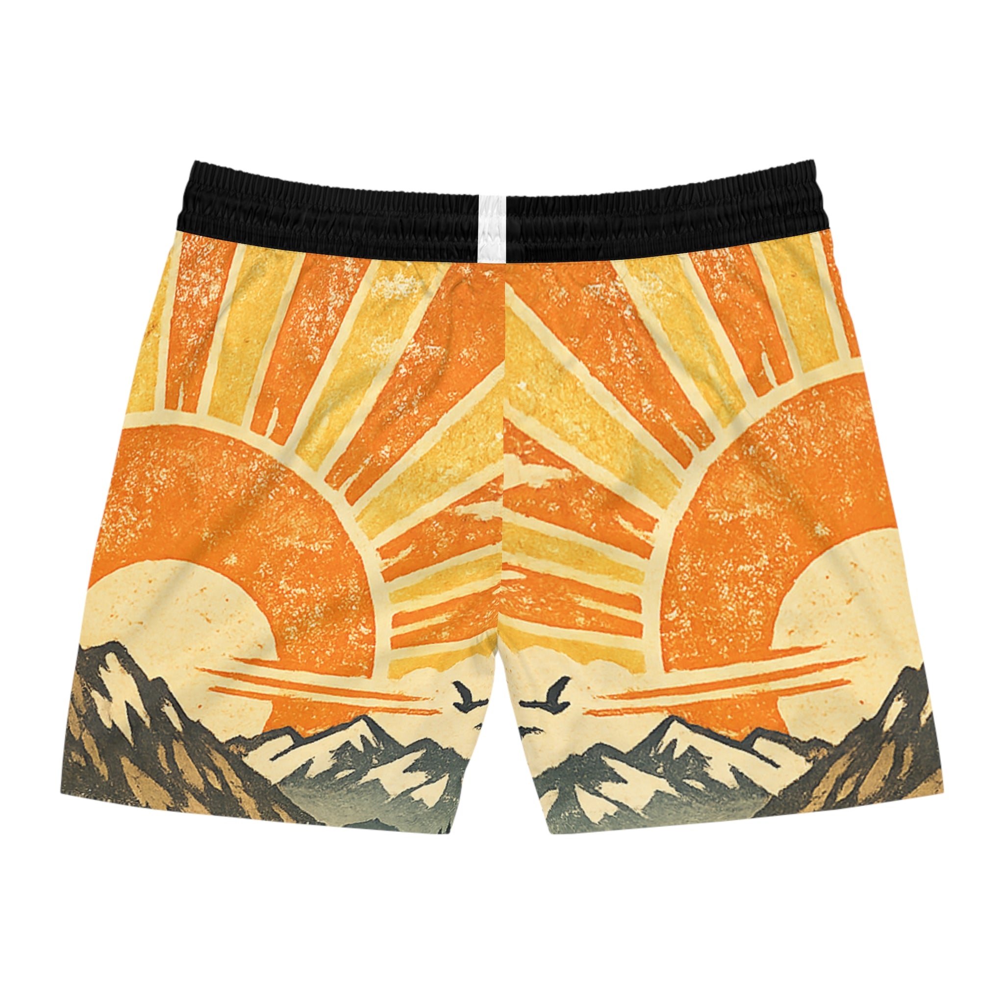 Retro Mountain Sunrise Swim Shorts — Men's Mid-Length Beach Trunks