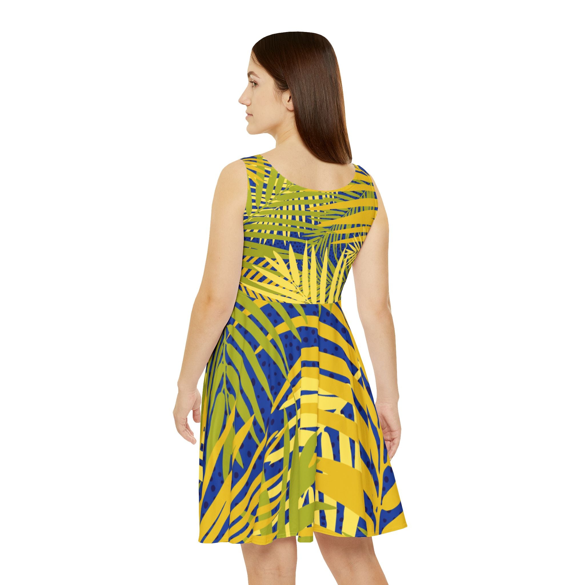 Tropical Palm Skater Dress — Yellow & Blue All-Over Print