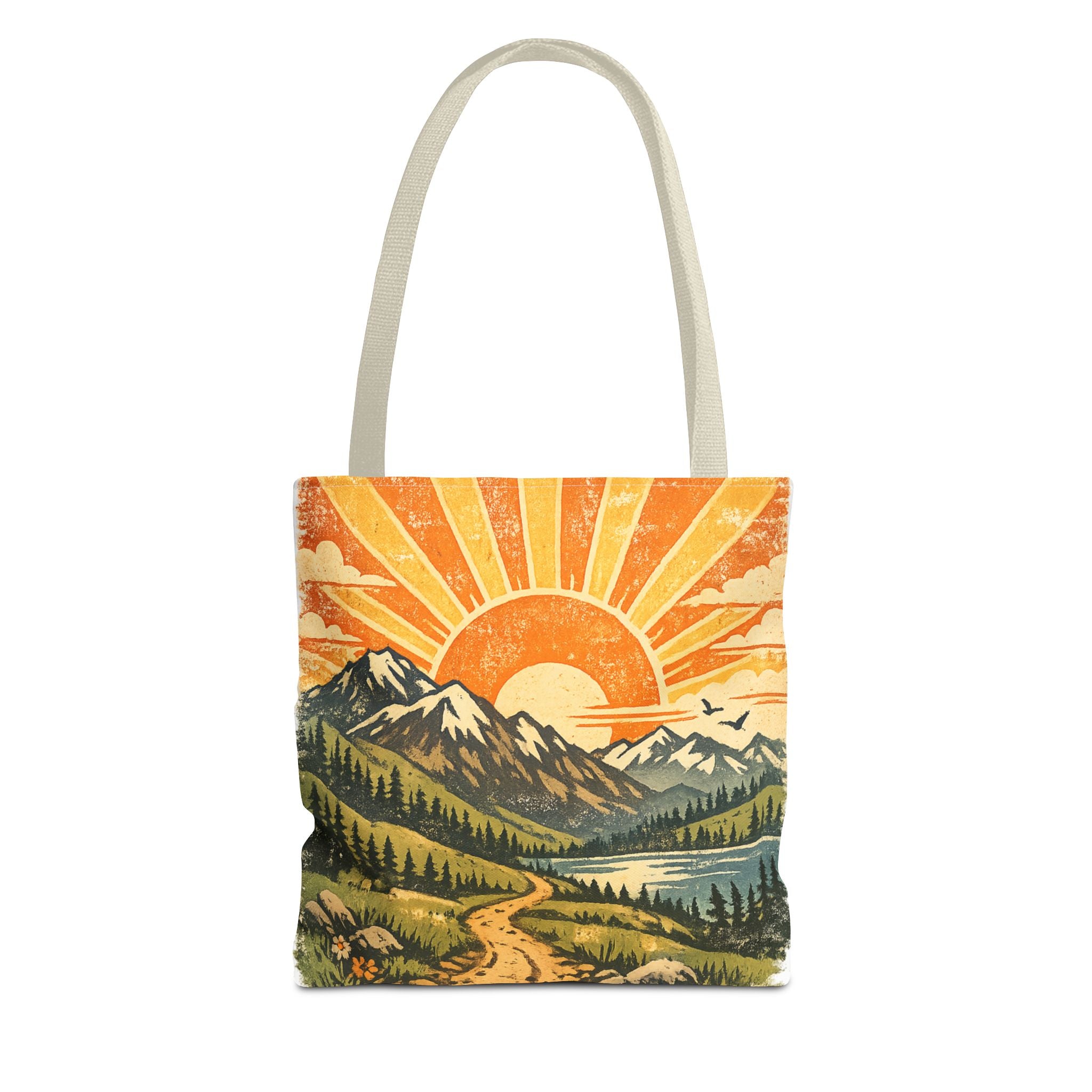 Retro Sunrise Mountain Tote Bag — Scenic Landscape Canvas Tote