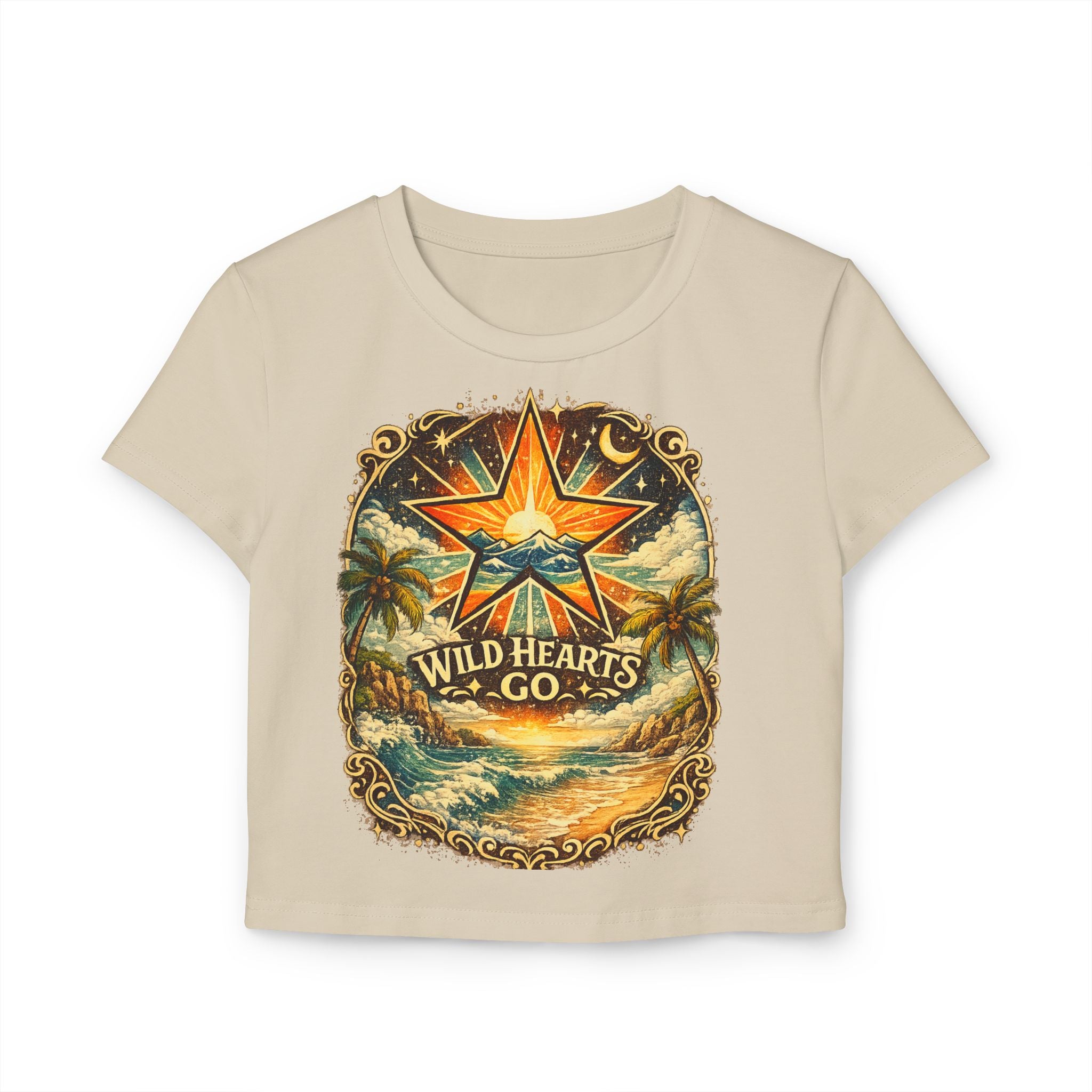 Wild Hearts Go Crop Tee — Retro Tropical Star Graphic Women's Baby Tee