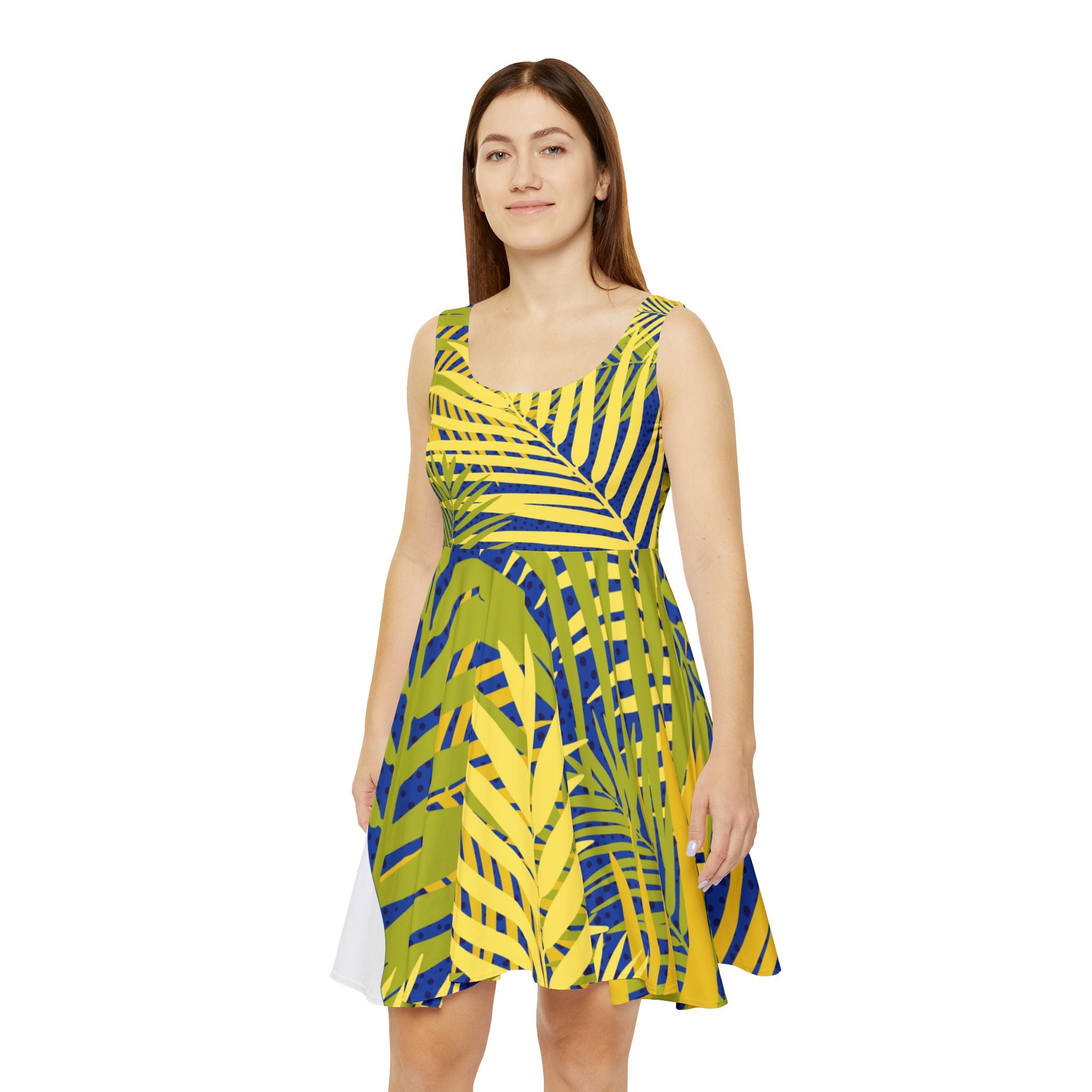 Tropical Palm Skater Dress — Yellow & Blue All-Over Print