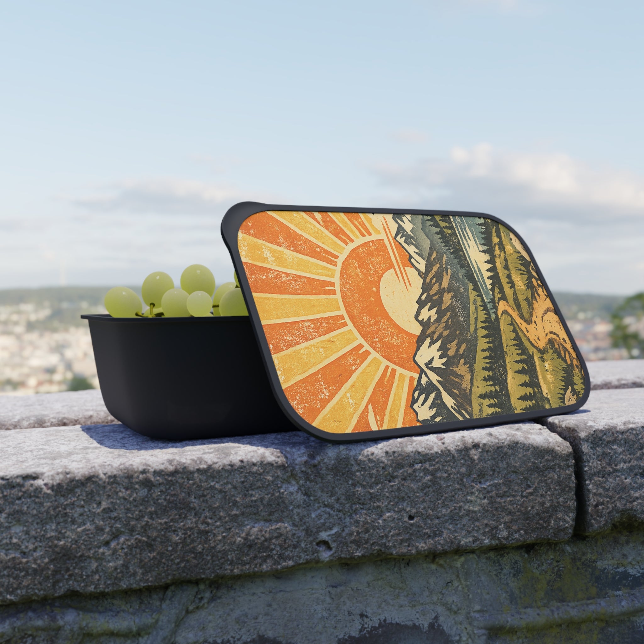 Bento Box - Retro Sunrise Mountain PLA Lunchbox with Band & Utensils