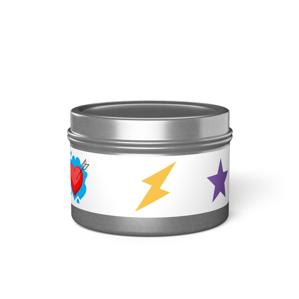 Pop Art Heart Tin Candle – Scented Gift Candle with Lightning & Star Graphics