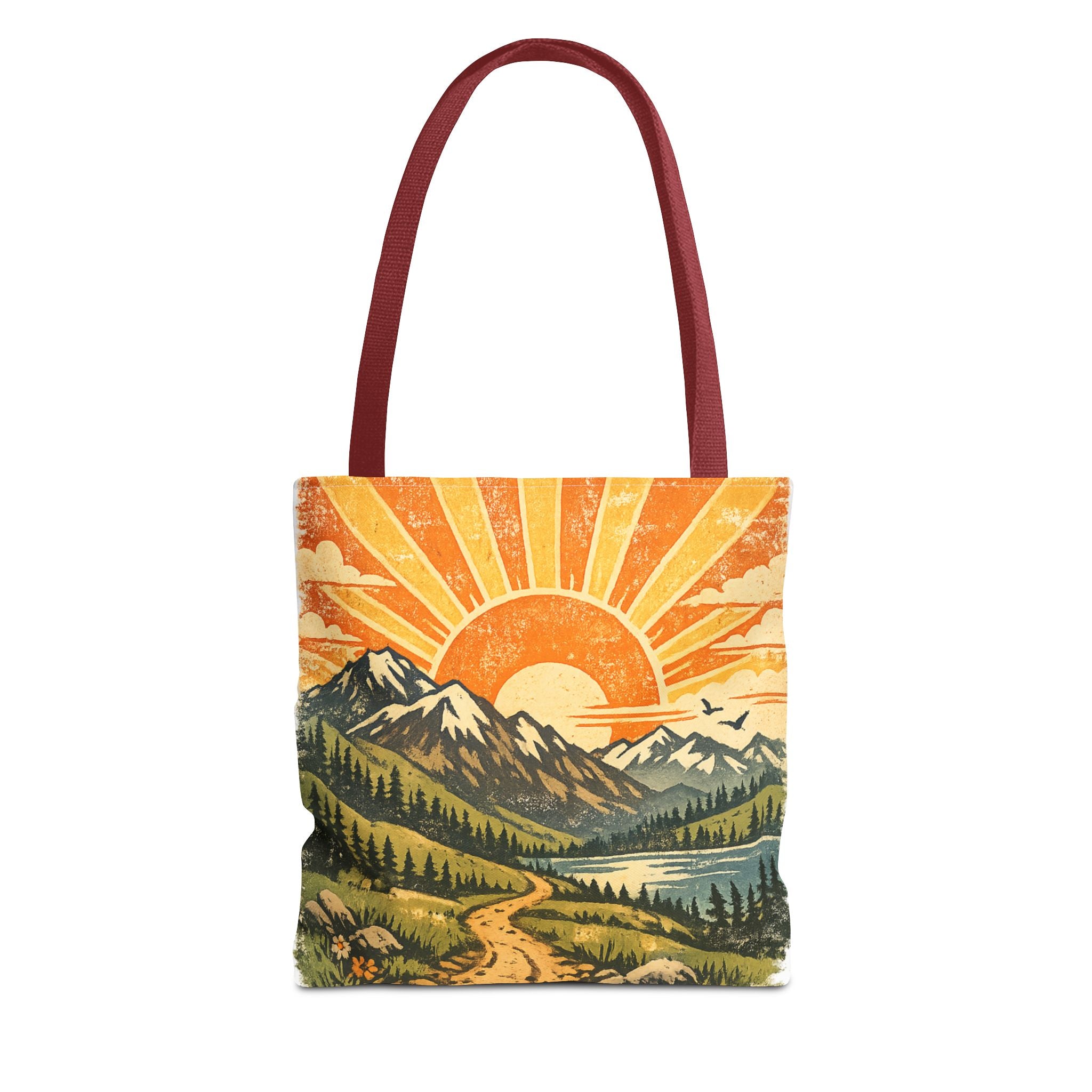 Retro Sunrise Mountain Tote Bag — Scenic Landscape Canvas Tote