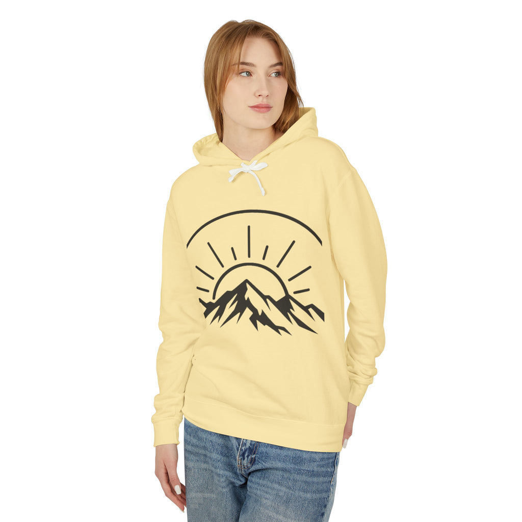 Mountain Sunrise Hoodie — Minimal Outdoor Graphic Pullover