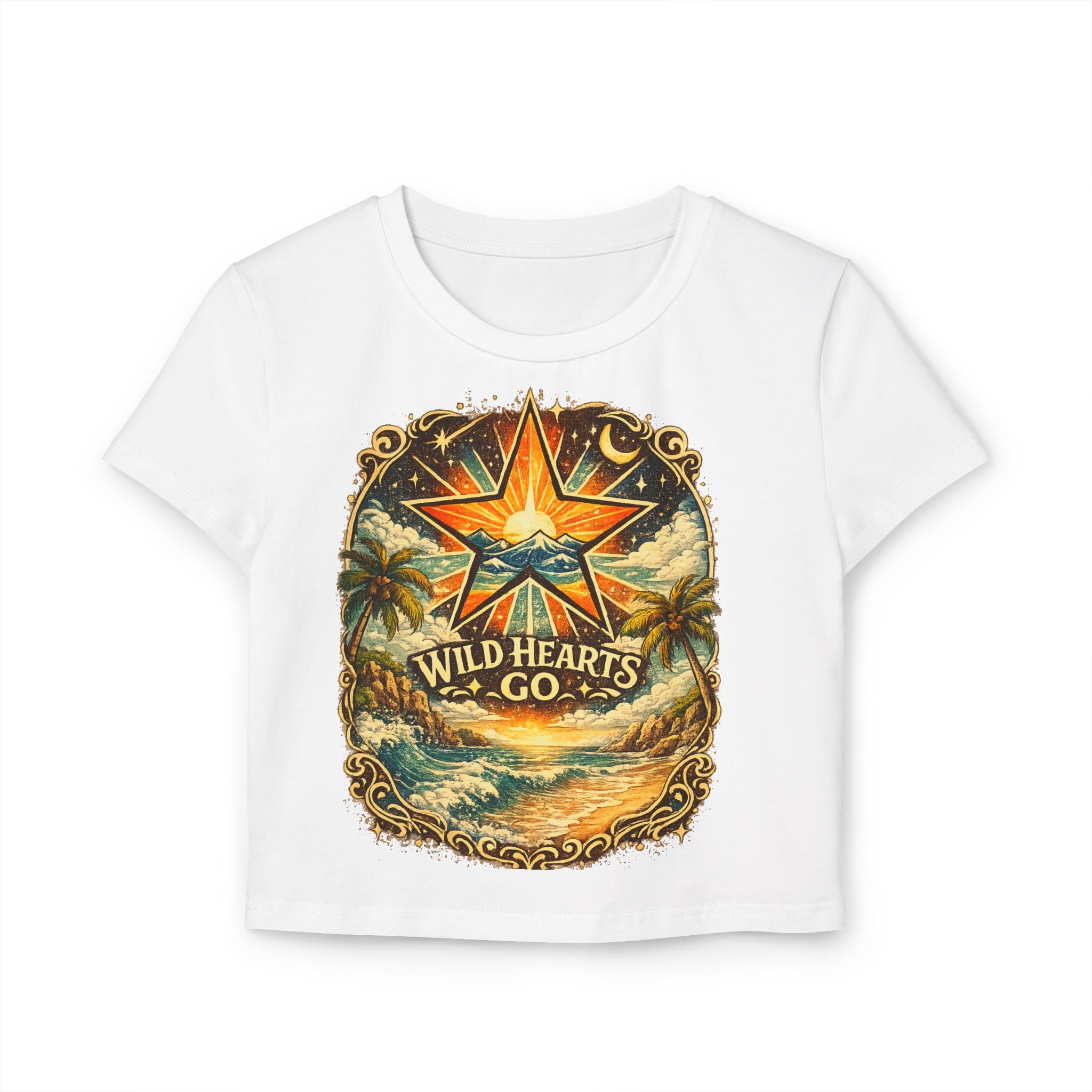 Wild Hearts Go Crop Tee — Retro Tropical Star Graphic Women's Baby Tee