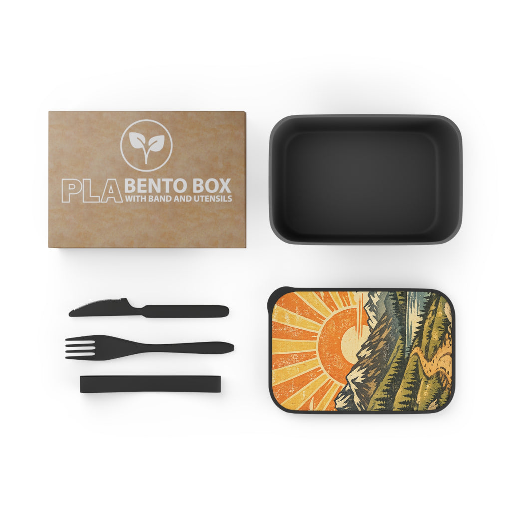 Bento Box - Retro Sunrise Mountain PLA Lunchbox with Band & Utensils