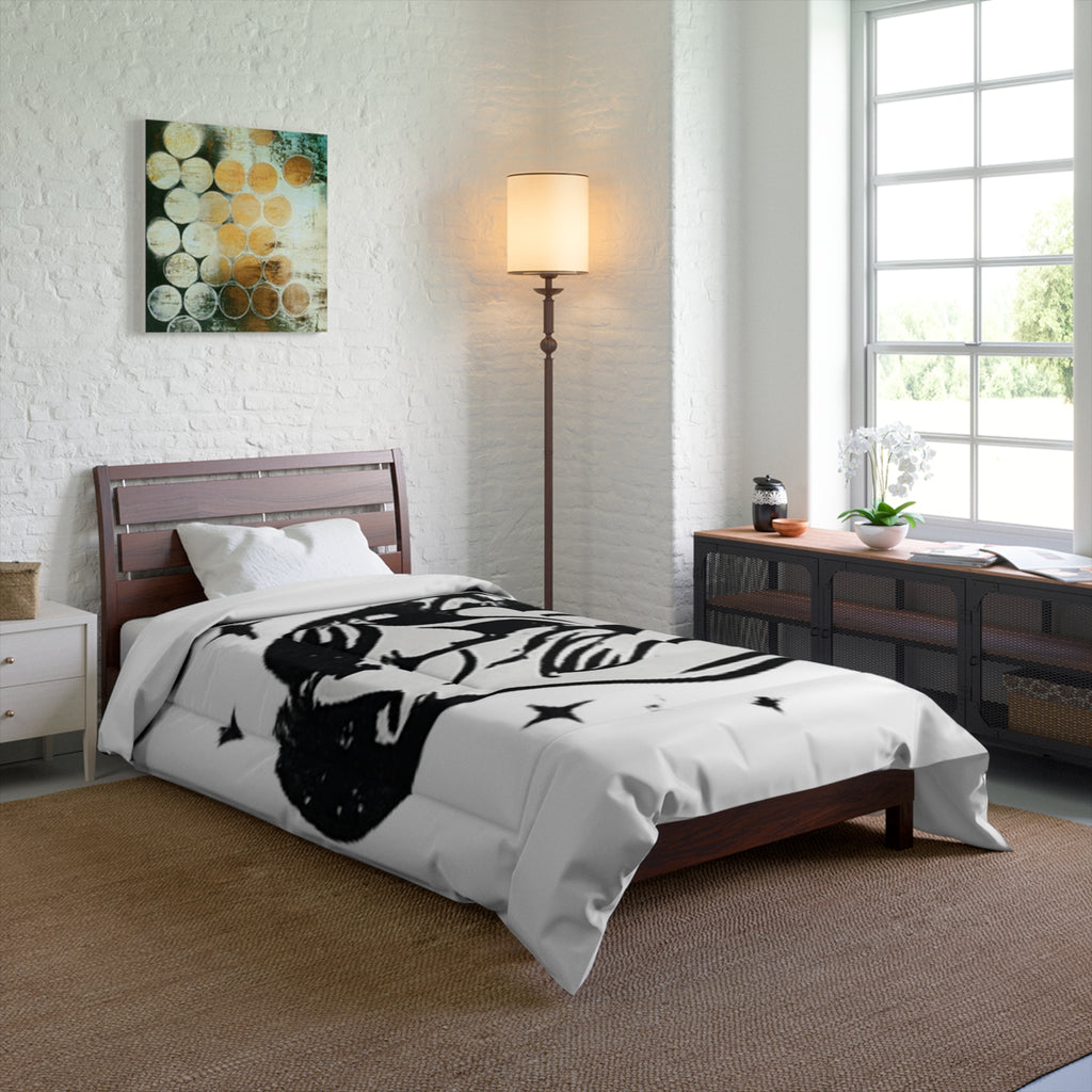 Celestial Embrace Comforter – Minimal Black & White Sleepy Moon Design