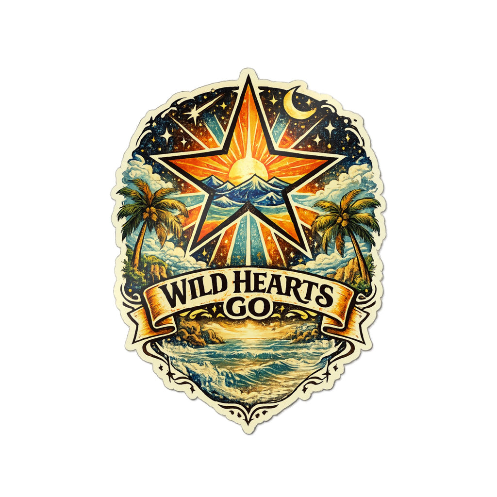 Die-Cut Sticker — "Wild Hearts Go" Vintage Surf Star Scenic Sticker