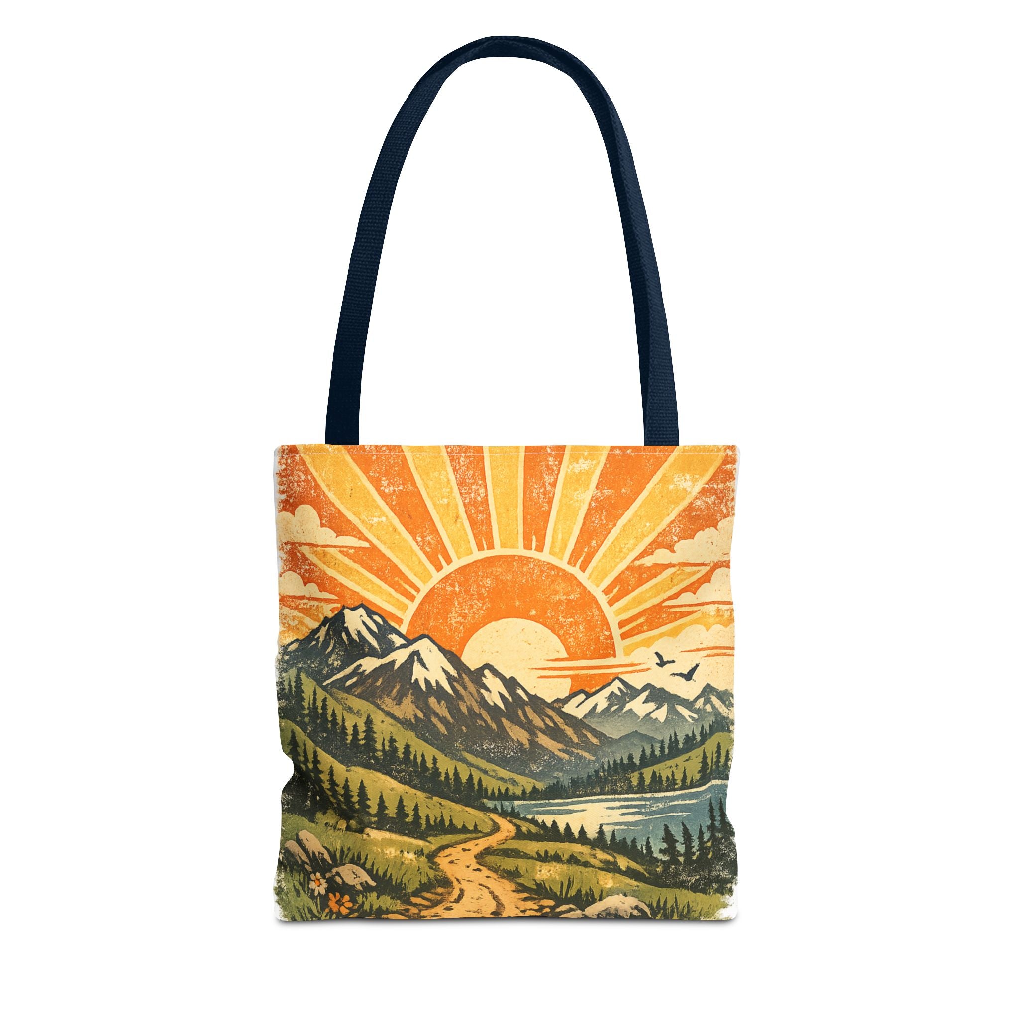 Retro Sunrise Mountain Tote Bag — Scenic Landscape Canvas Tote