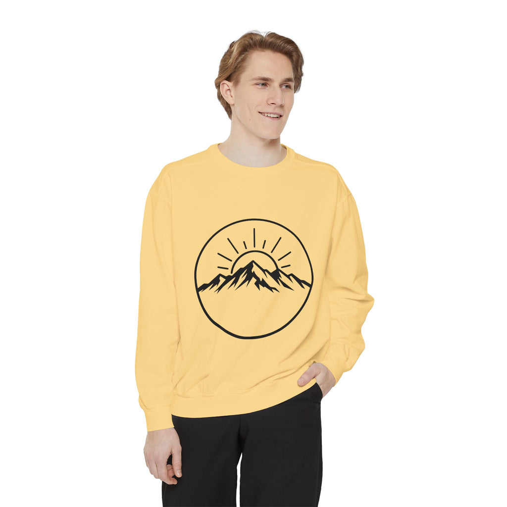 Mountain Sunrise Sweatshirt — Minimal Outdoor Graphic Pullover