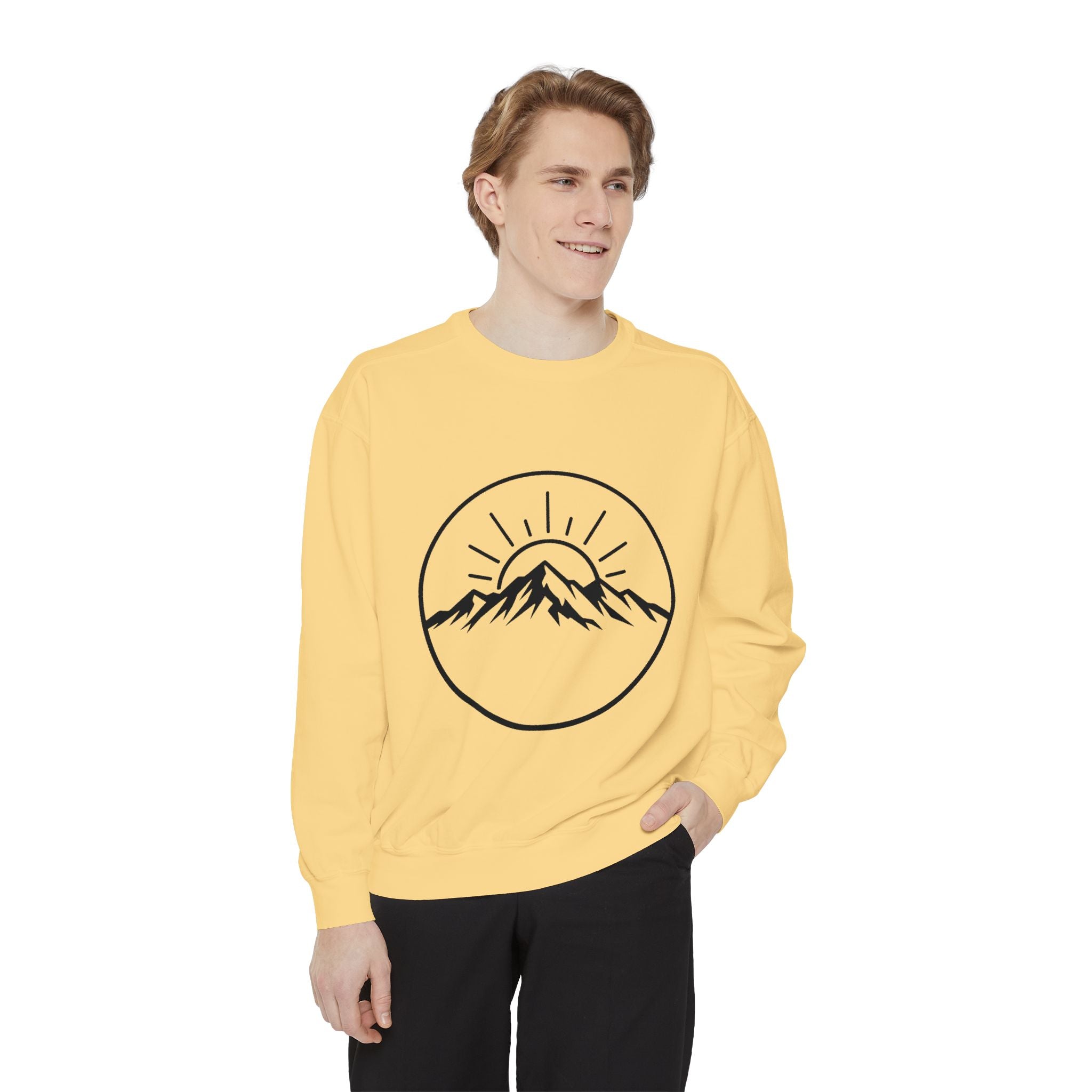 Mountain Sunrise Sweatshirt — Minimal Outdoor Graphic Pullover