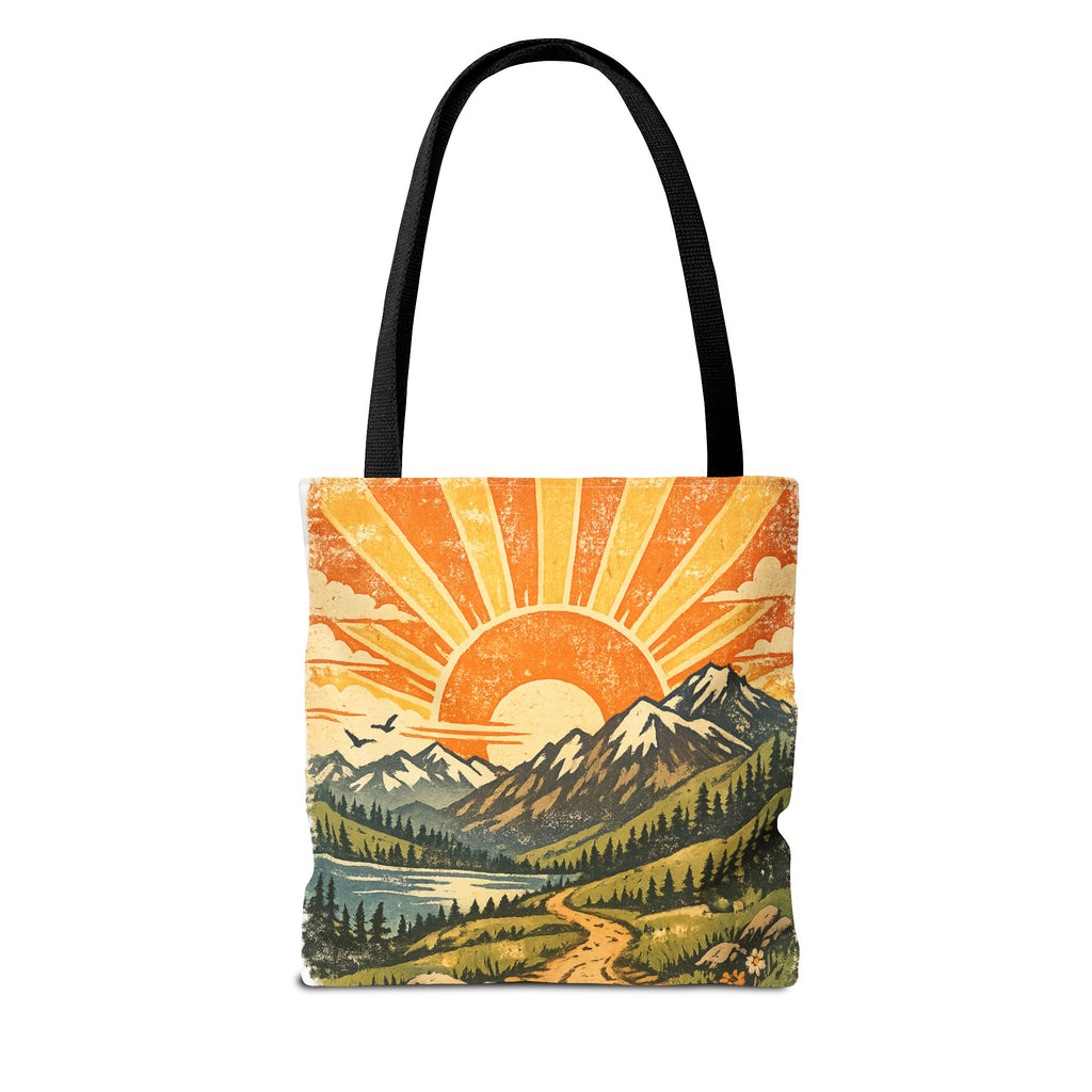 Retro Sunrise Mountain Tote Bag — Scenic Landscape Canvas Tote