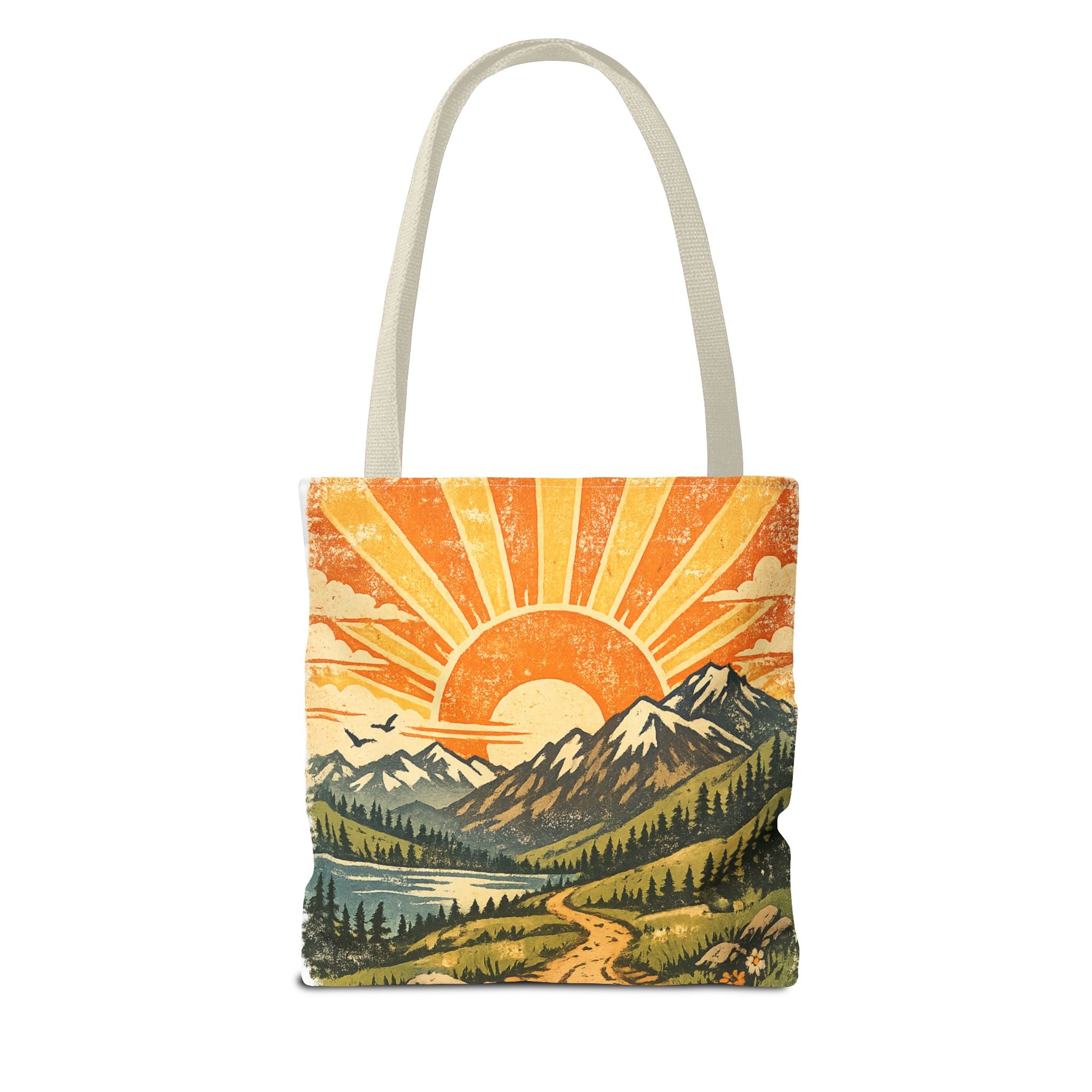 Retro Sunrise Mountain Tote Bag — Scenic Landscape Canvas Tote