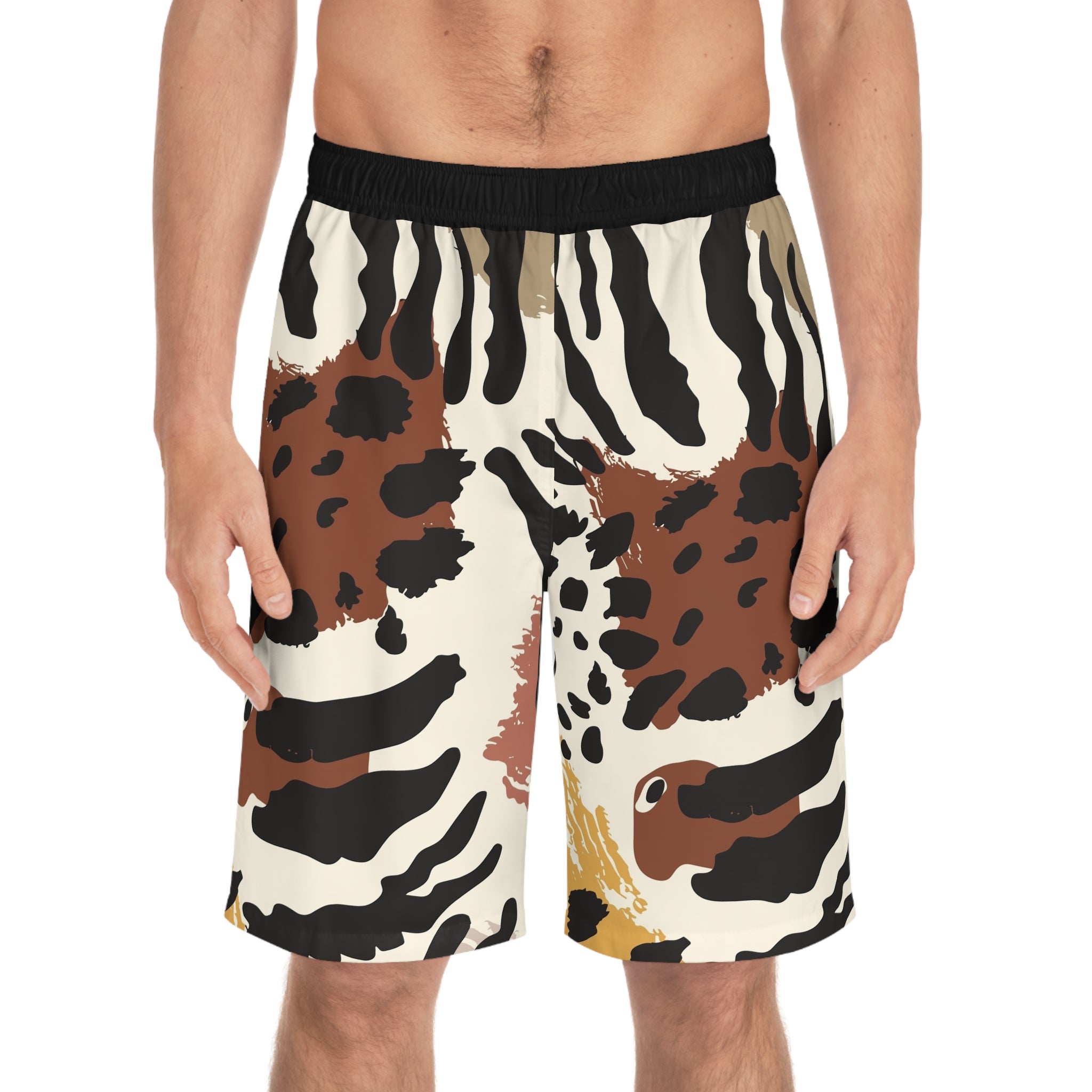 Board Shorts - Neutral Abstract Safari Print Swim Trunks