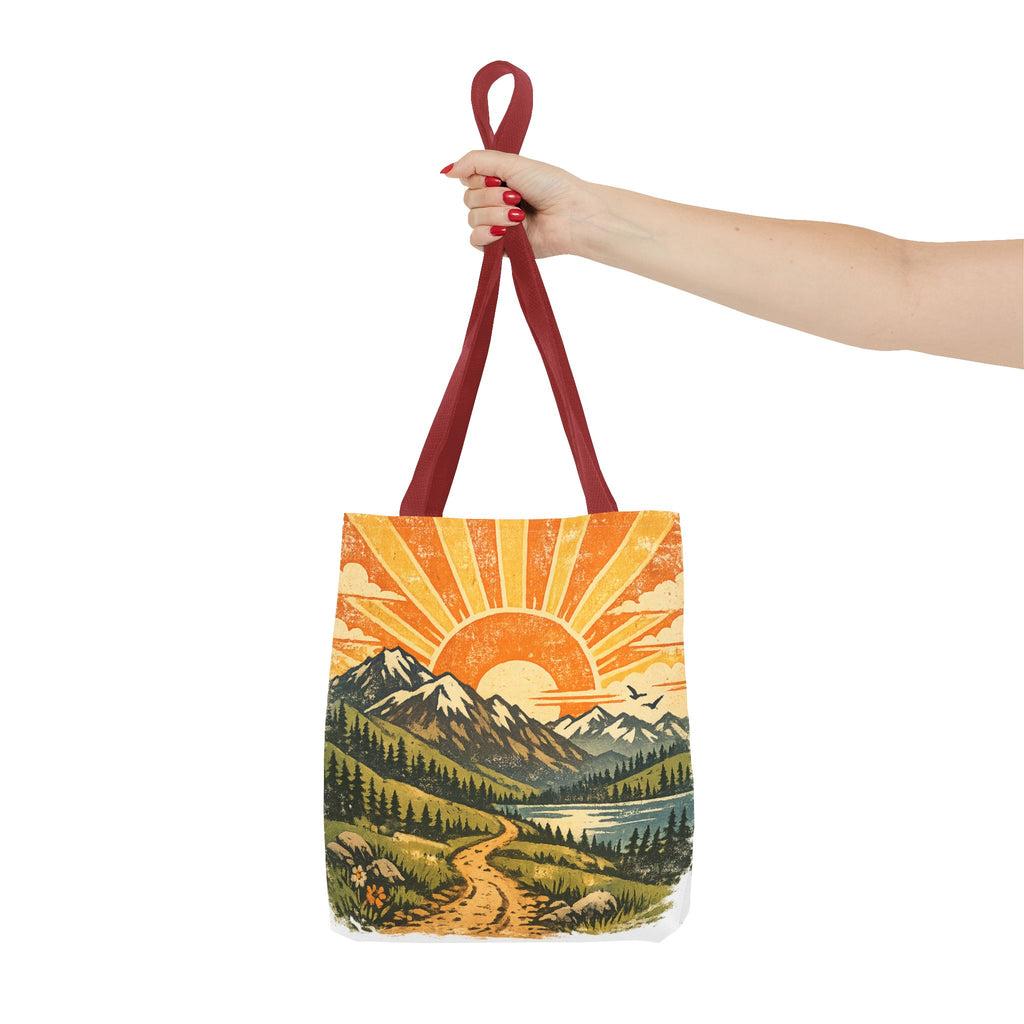 Retro Sunrise Mountain Tote Bag — Scenic Landscape Canvas Tote
