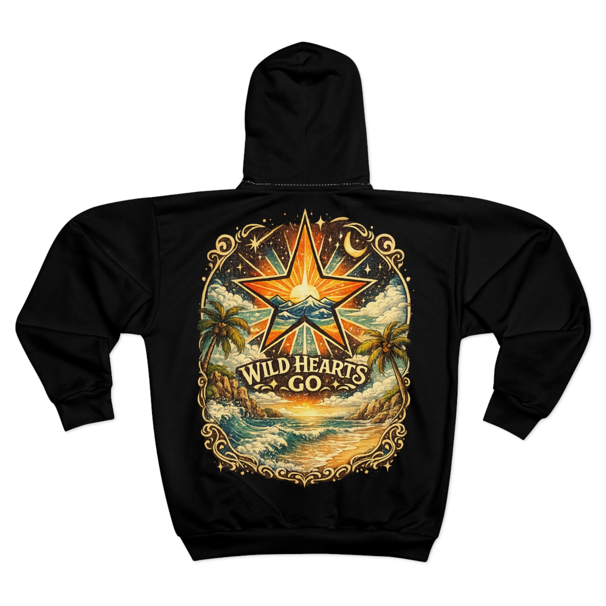 Wild Hearts Go Zip Hoodie — Vintage Beach Star Surf Graphic