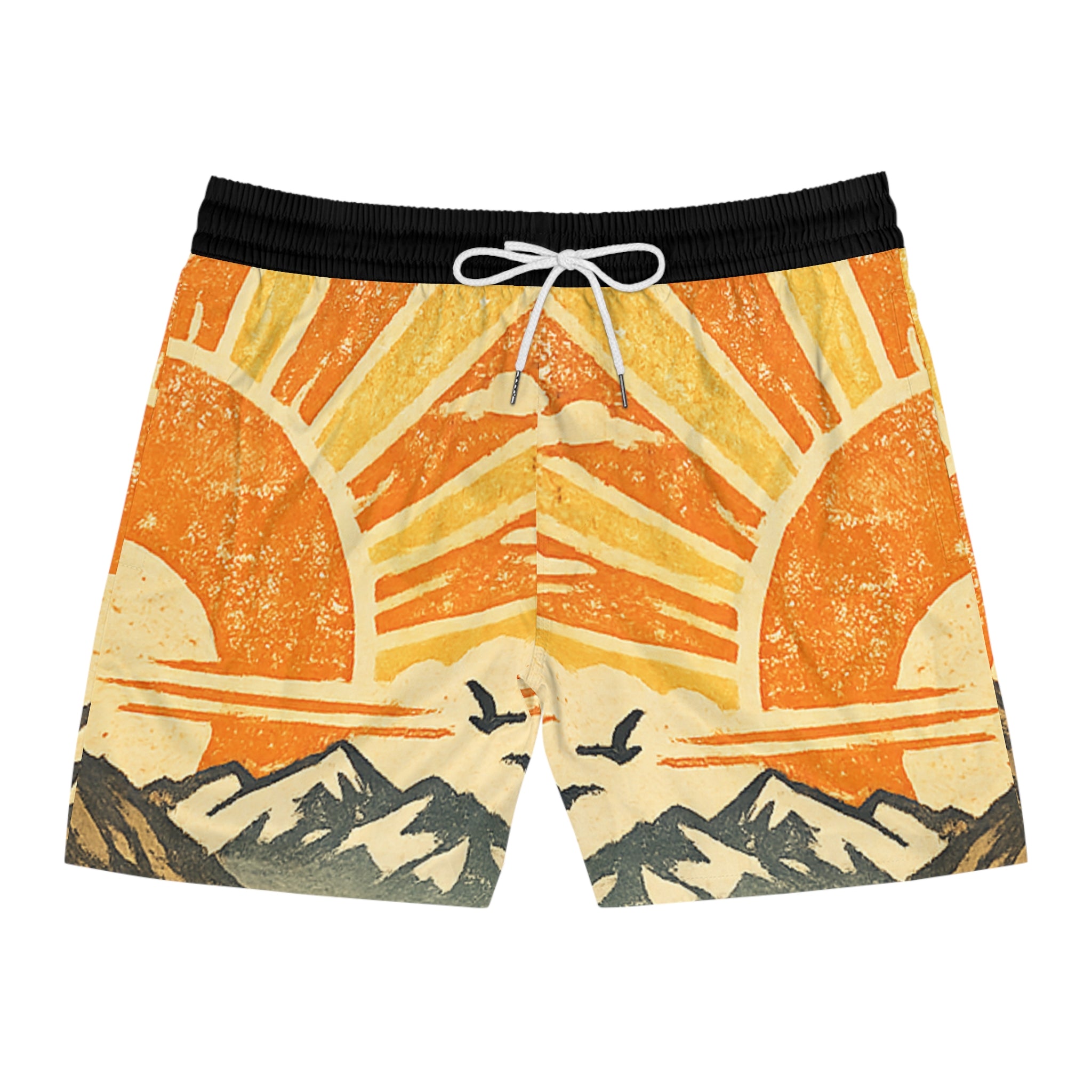 Retro Mountain Sunrise Swim Shorts — Men's Mid-Length Beach Trunks