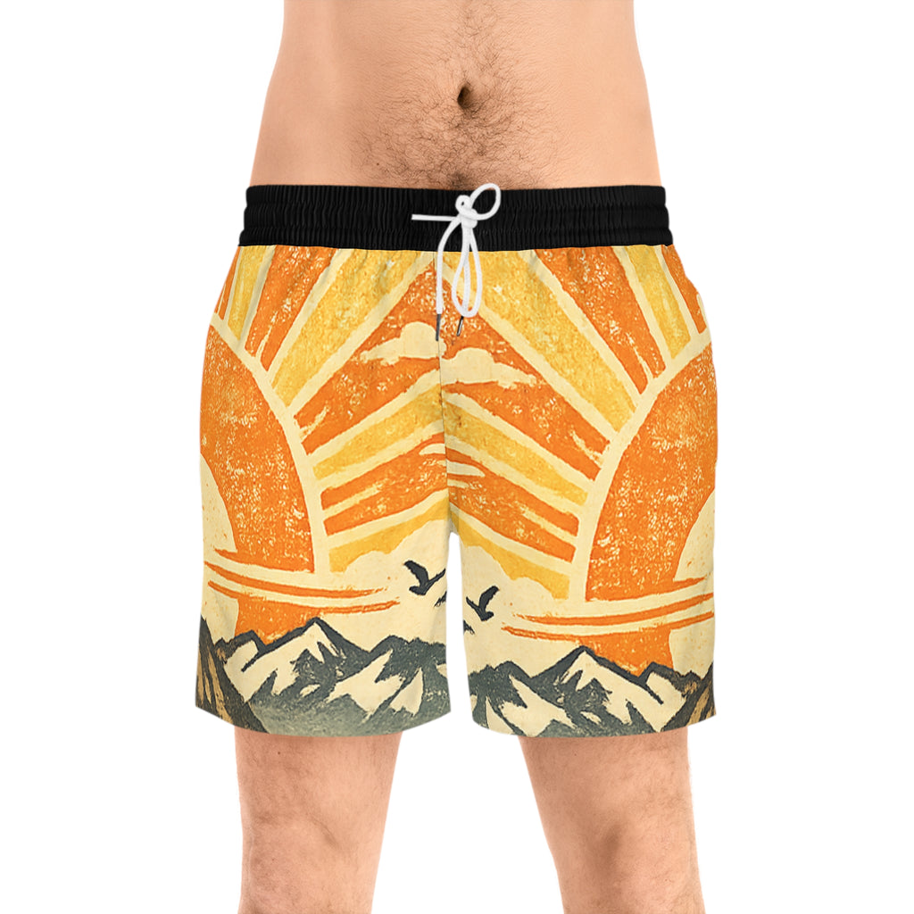 Retro Mountain Sunrise Swim Shorts — Men's Mid-Length Beach Trunks