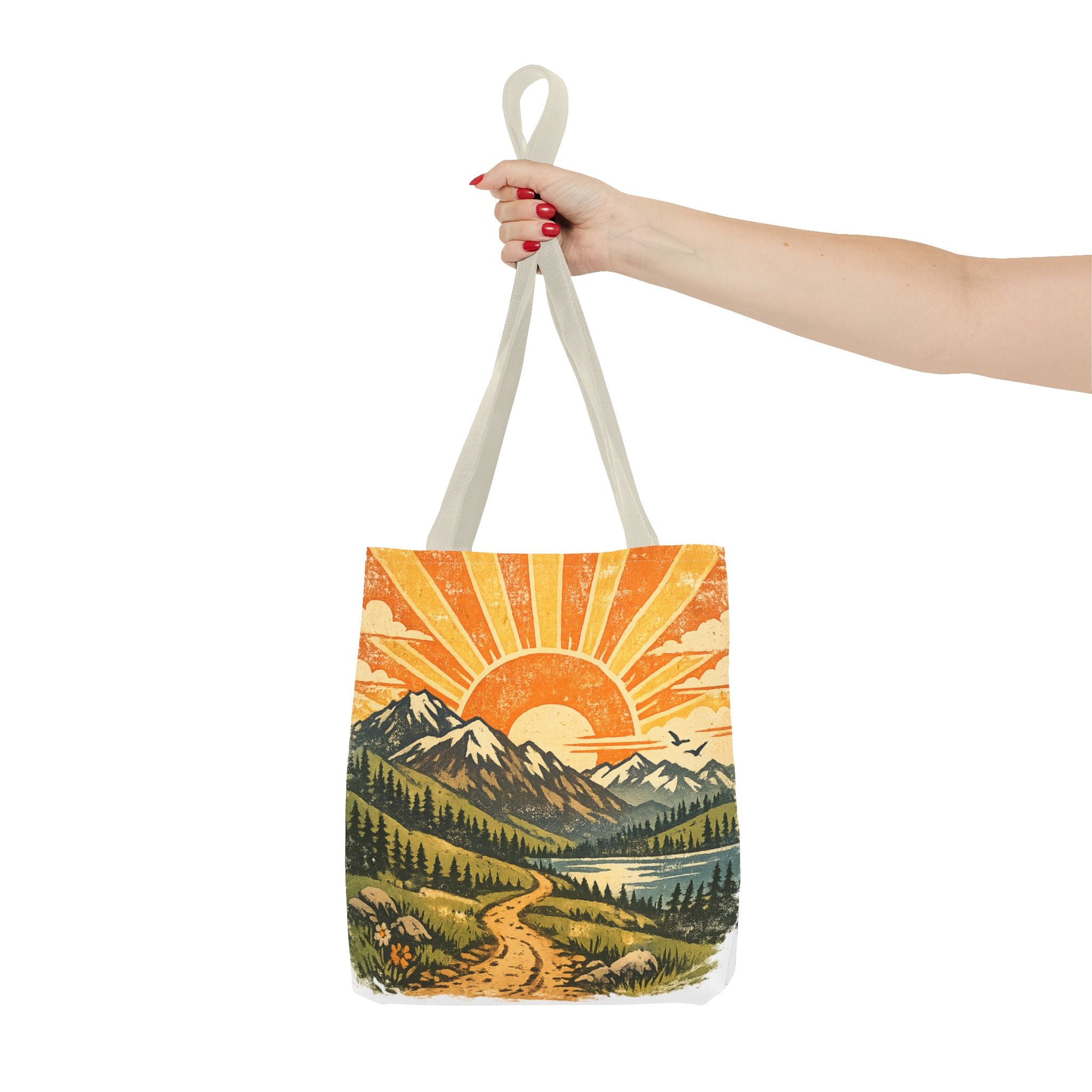 Retro Sunrise Mountain Tote Bag — Scenic Landscape Canvas Tote