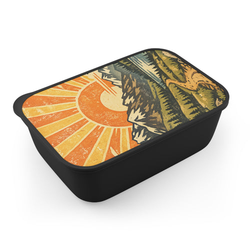 Bento Box - Retro Sunrise Mountain PLA Lunchbox with Band & Utensils
