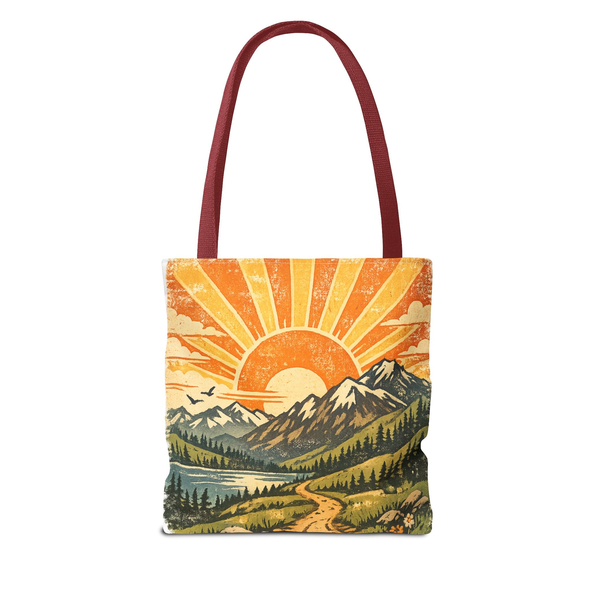 Retro Sunrise Mountain Tote Bag — Scenic Landscape Canvas Tote