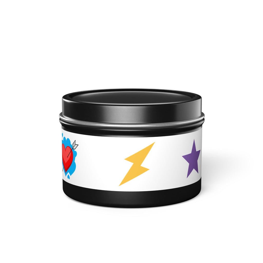 Pop Art Heart Tin Candle – Scented Gift Candle with Lightning & Star Graphics