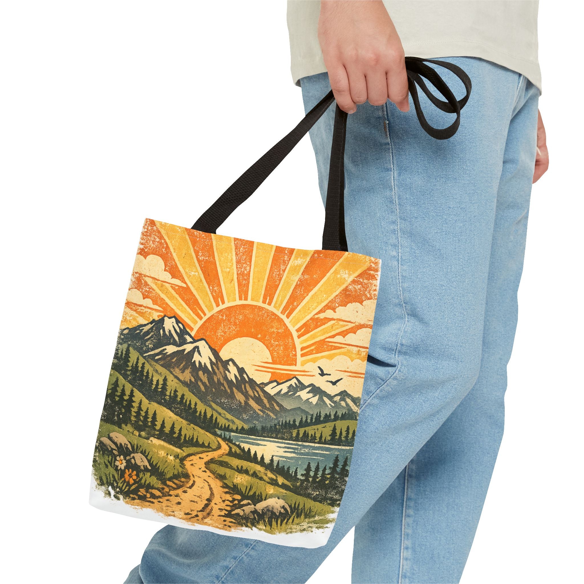 Retro Sunrise Mountain Tote Bag — Scenic Landscape Canvas Tote