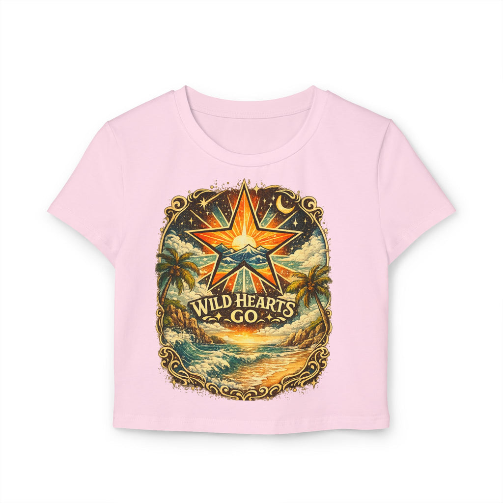 Wild Hearts Go Crop Tee — Retro Tropical Star Graphic Women's Baby Tee