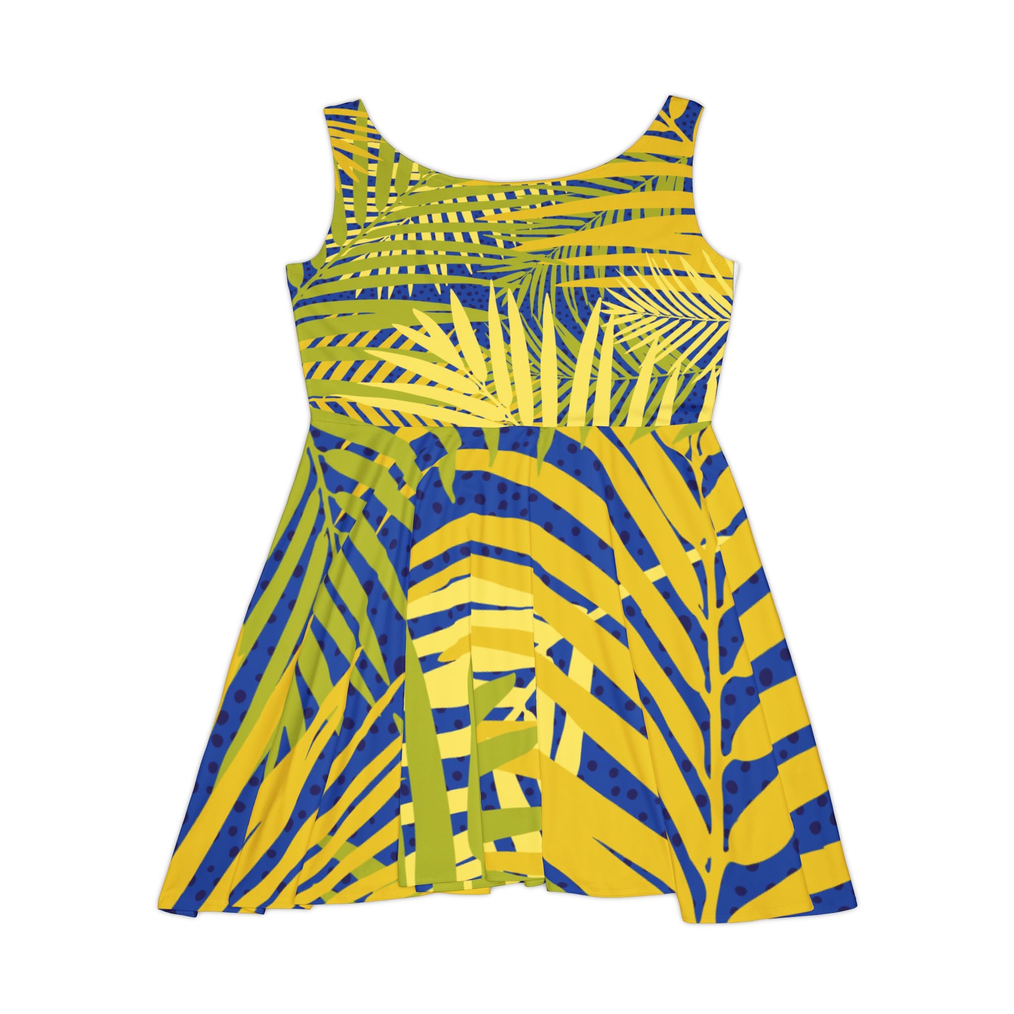 Tropical Palm Skater Dress — Yellow & Blue All-Over Print
