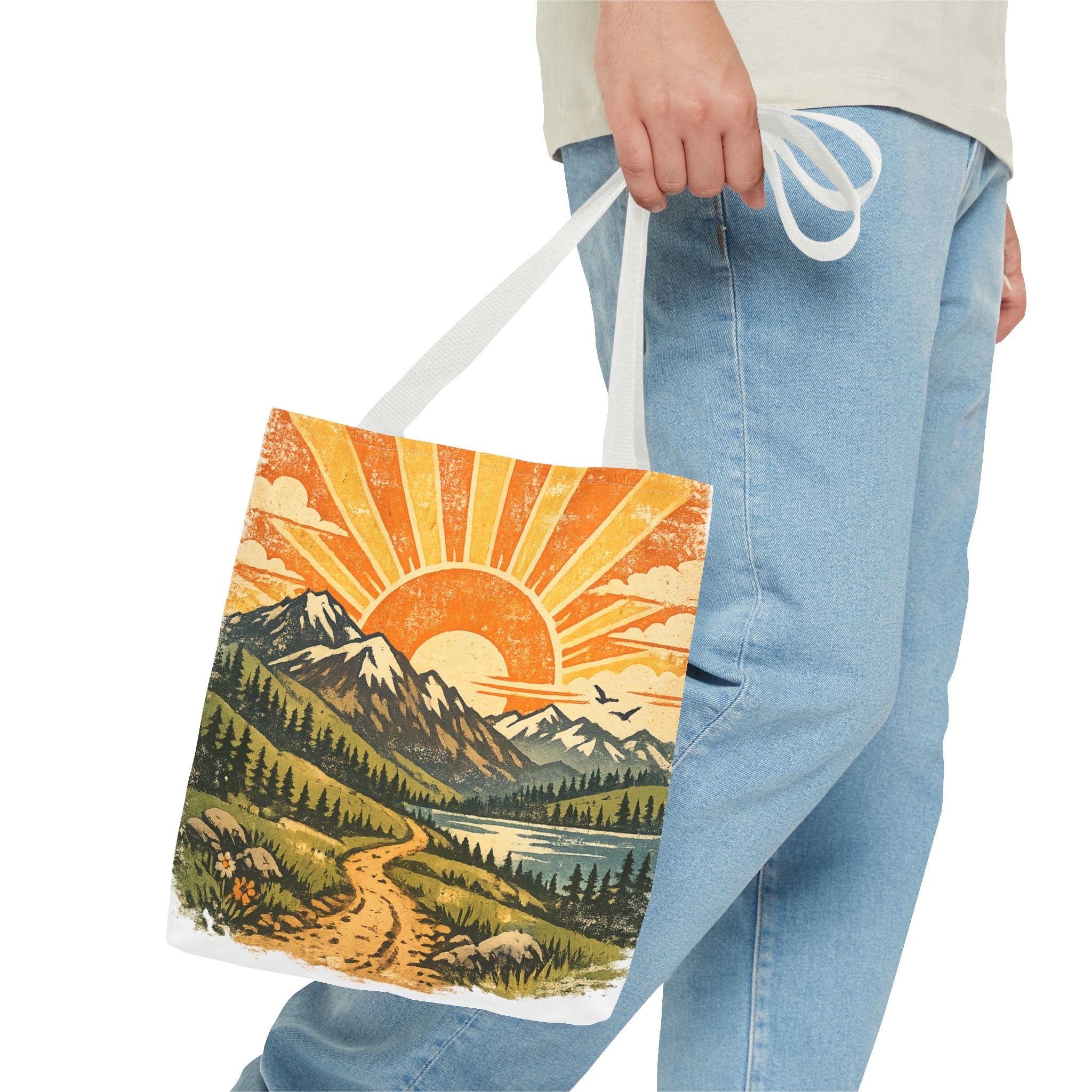 Retro Sunrise Mountain Tote Bag — Scenic Landscape Canvas Tote