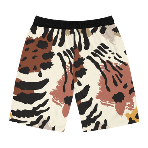 Board Shorts - Neutral Abstract Safari Print Swim Trunks