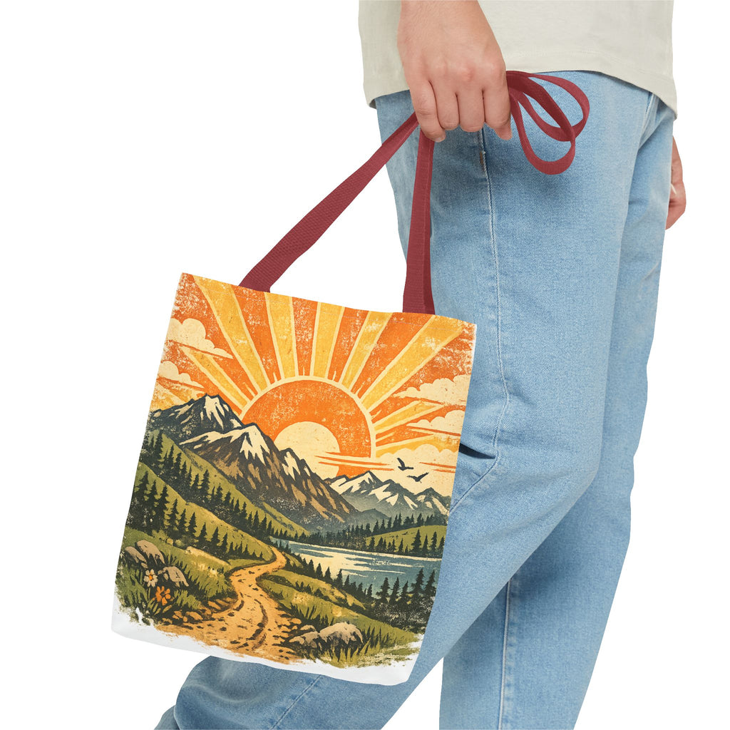 Retro Sunrise Mountain Tote Bag — Scenic Landscape Canvas Tote
