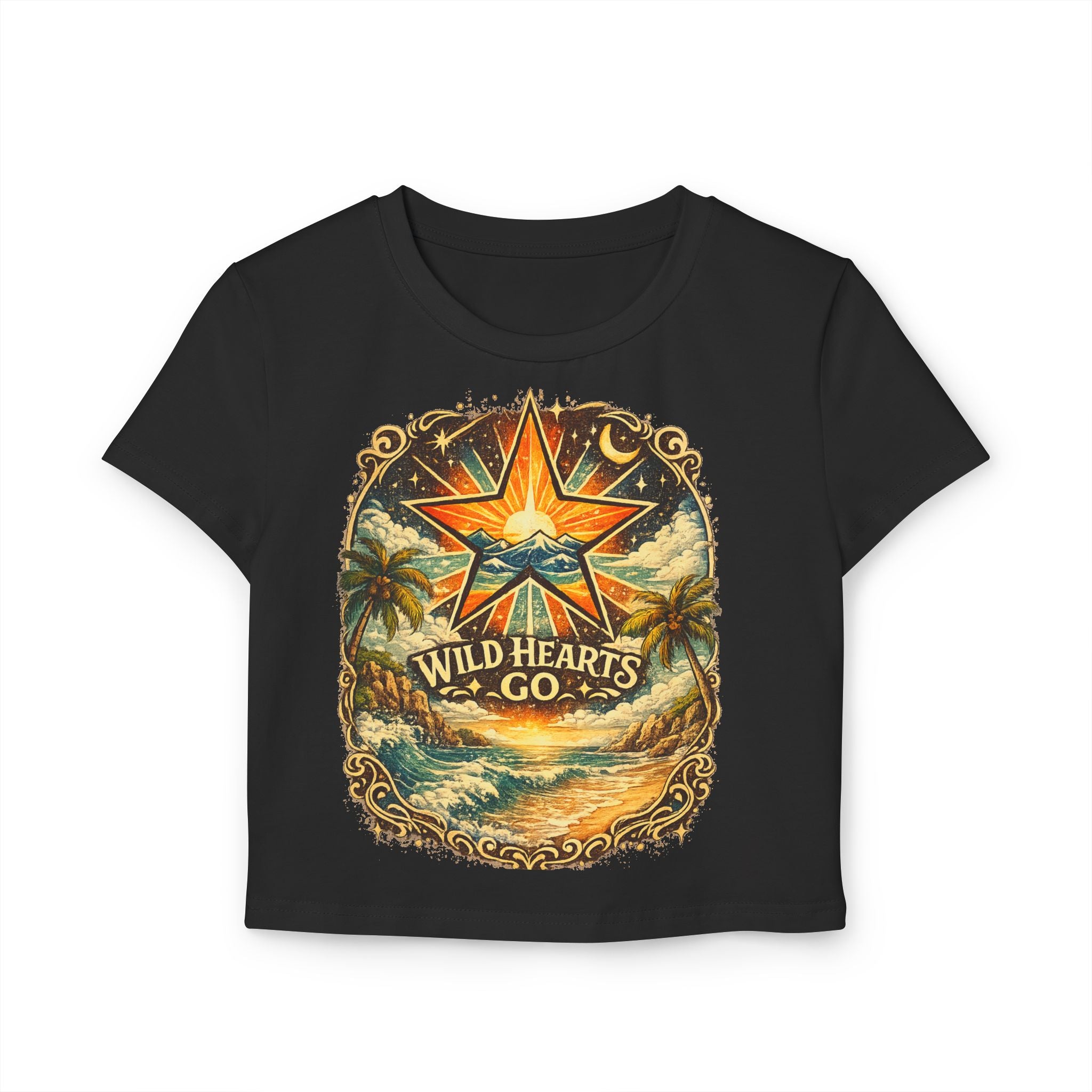 Wild Hearts Go Crop Tee — Retro Tropical Star Graphic Women's Baby Tee