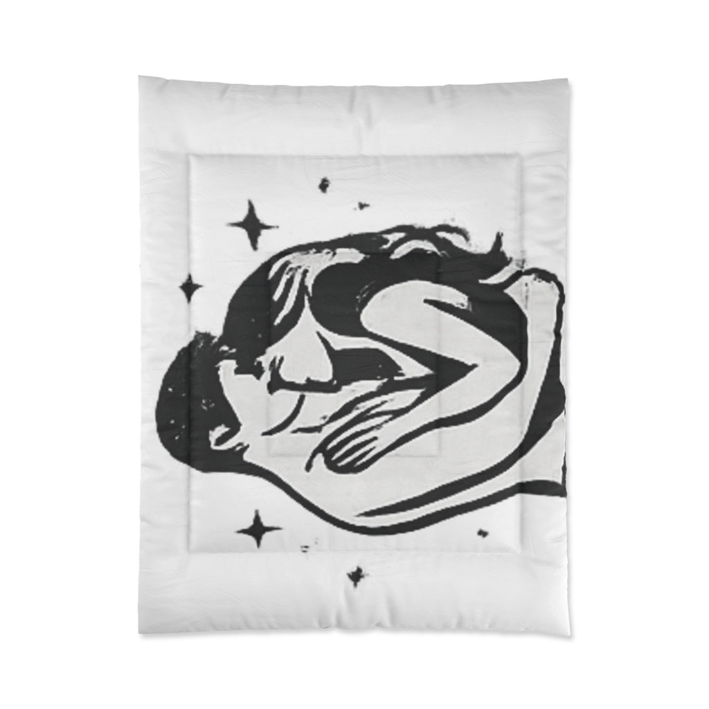 Celestial Embrace Comforter – Minimal Black & White Sleepy Moon Design