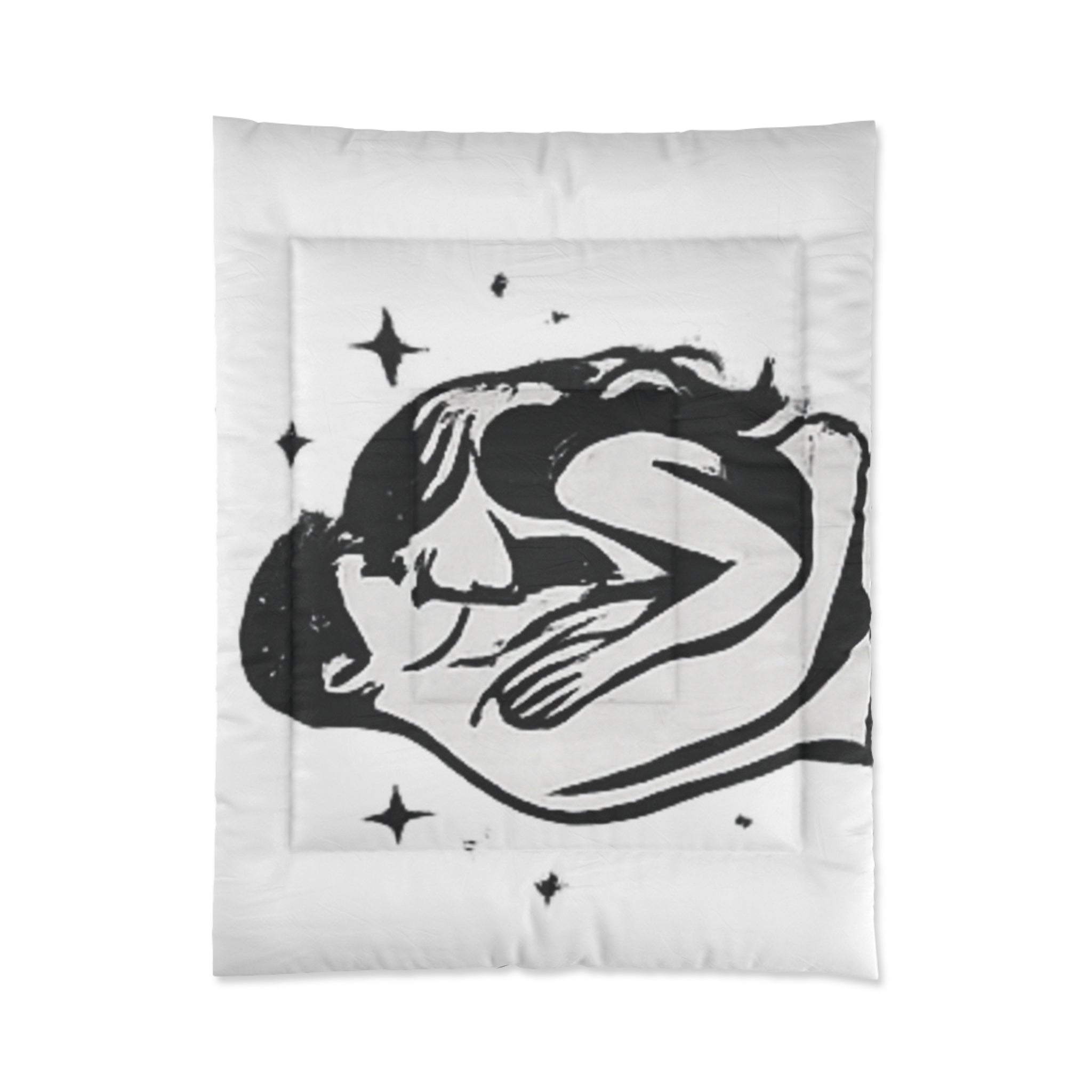 Celestial Embrace Comforter – Minimal Black & White Sleepy Moon Design
