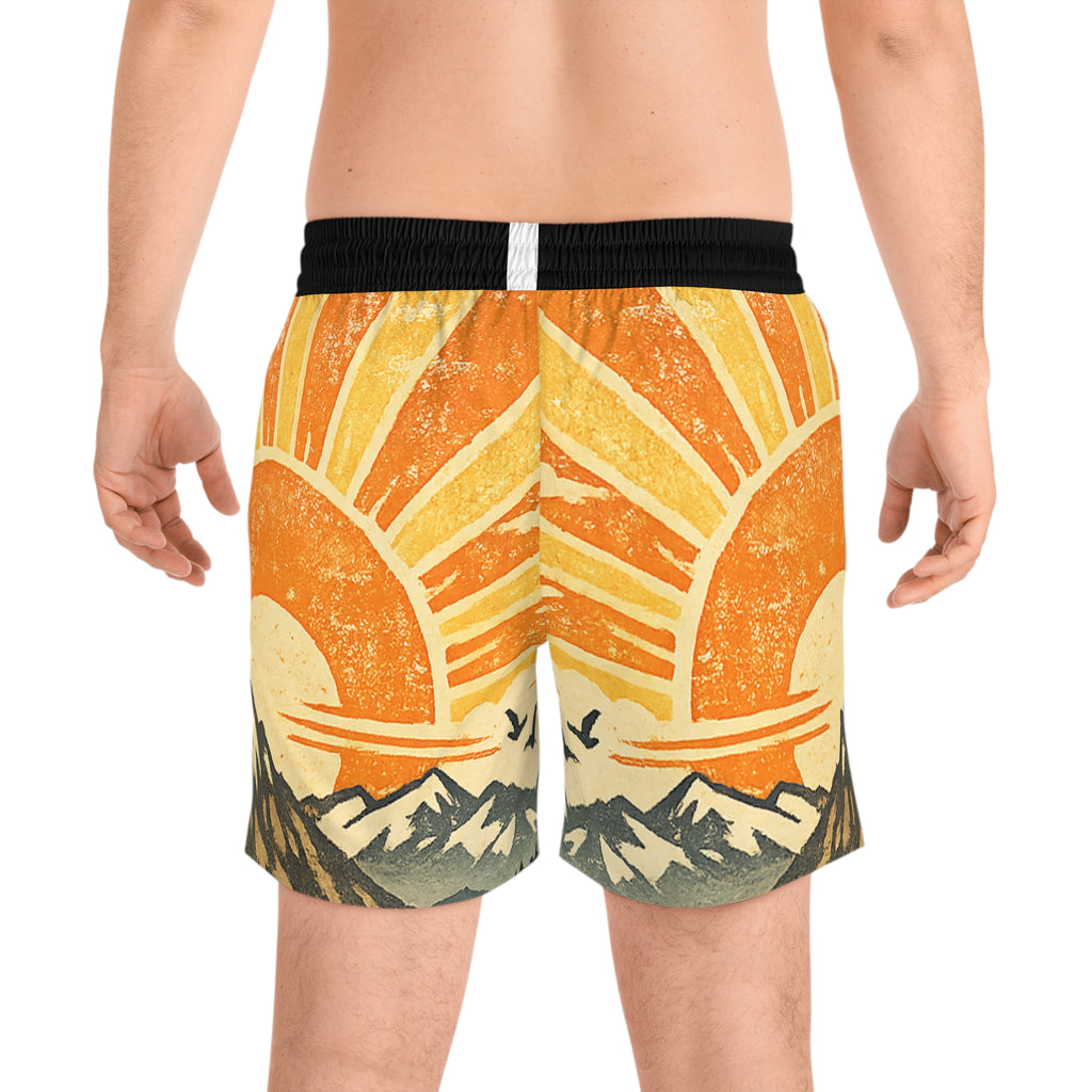 Retro Mountain Sunrise Swim Shorts — Men's Mid-Length Beach Trunks