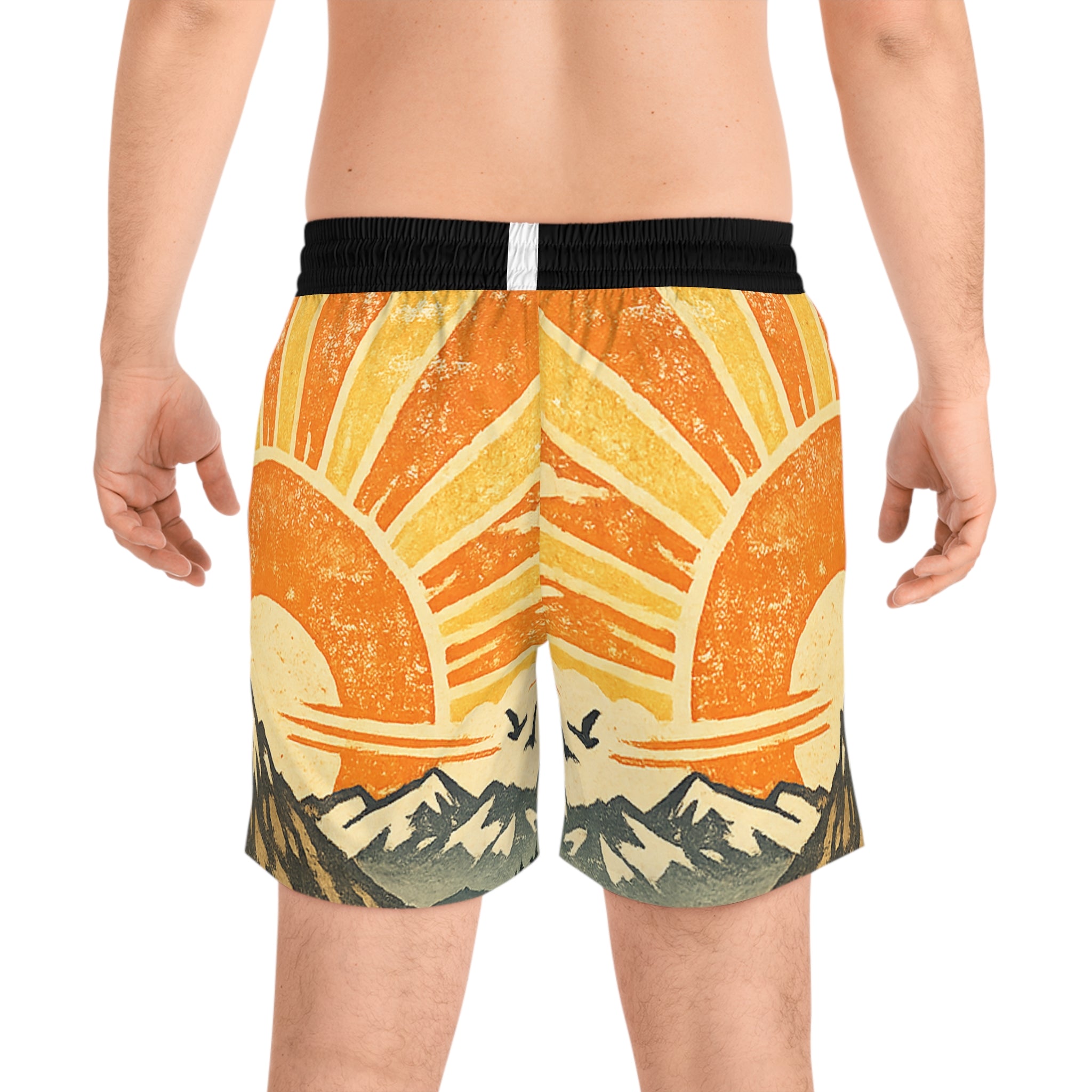 Retro Mountain Sunrise Swim Shorts — Men's Mid-Length Beach Trunks